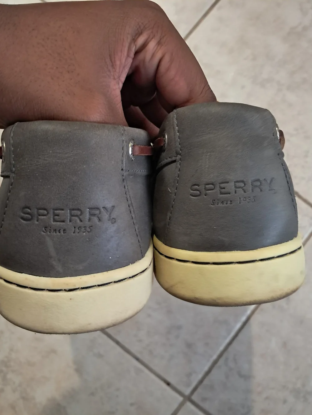 Sperry Men's Dark Gray Leather Boat Shoes with Brown Laces
